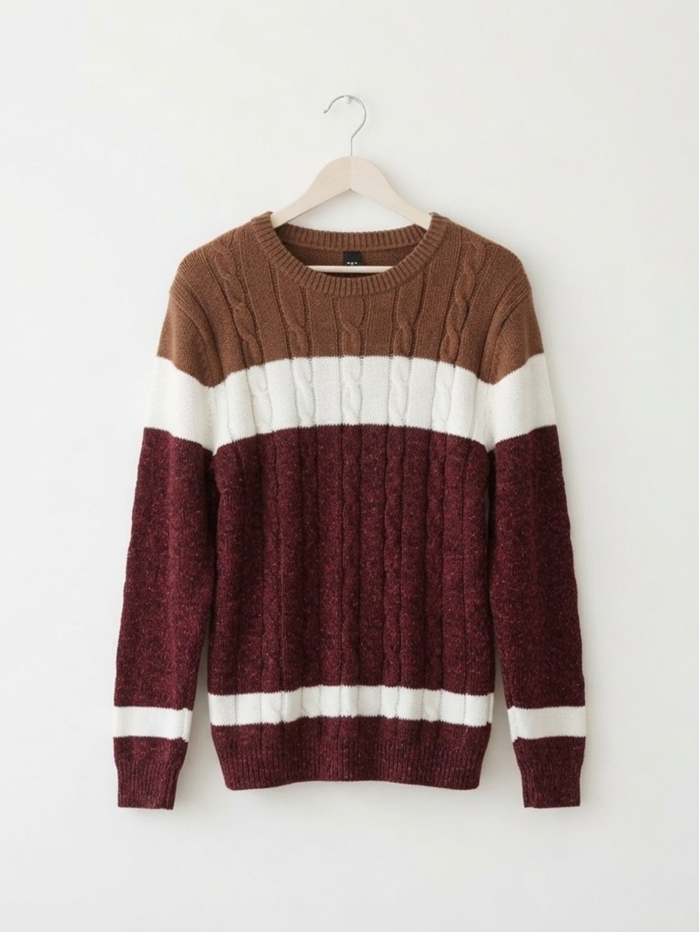 Men's Colorblock Cable Crewneck Sweater in Brown, White & Burgundy